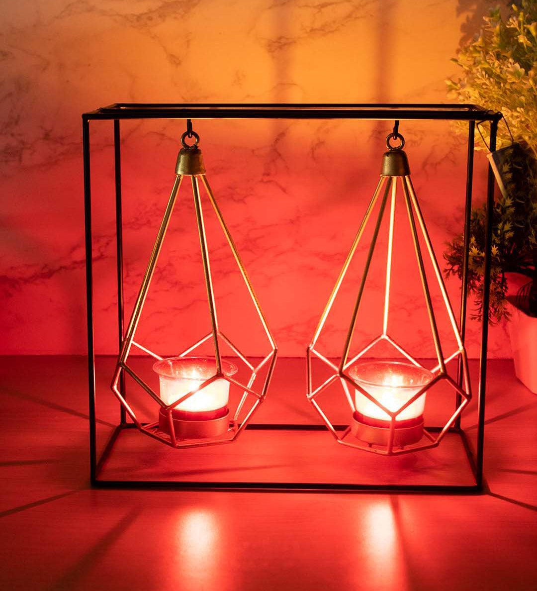 Lighting Nordic Hanging Votive Holder, Diwali Special, Black & Gold, Iron