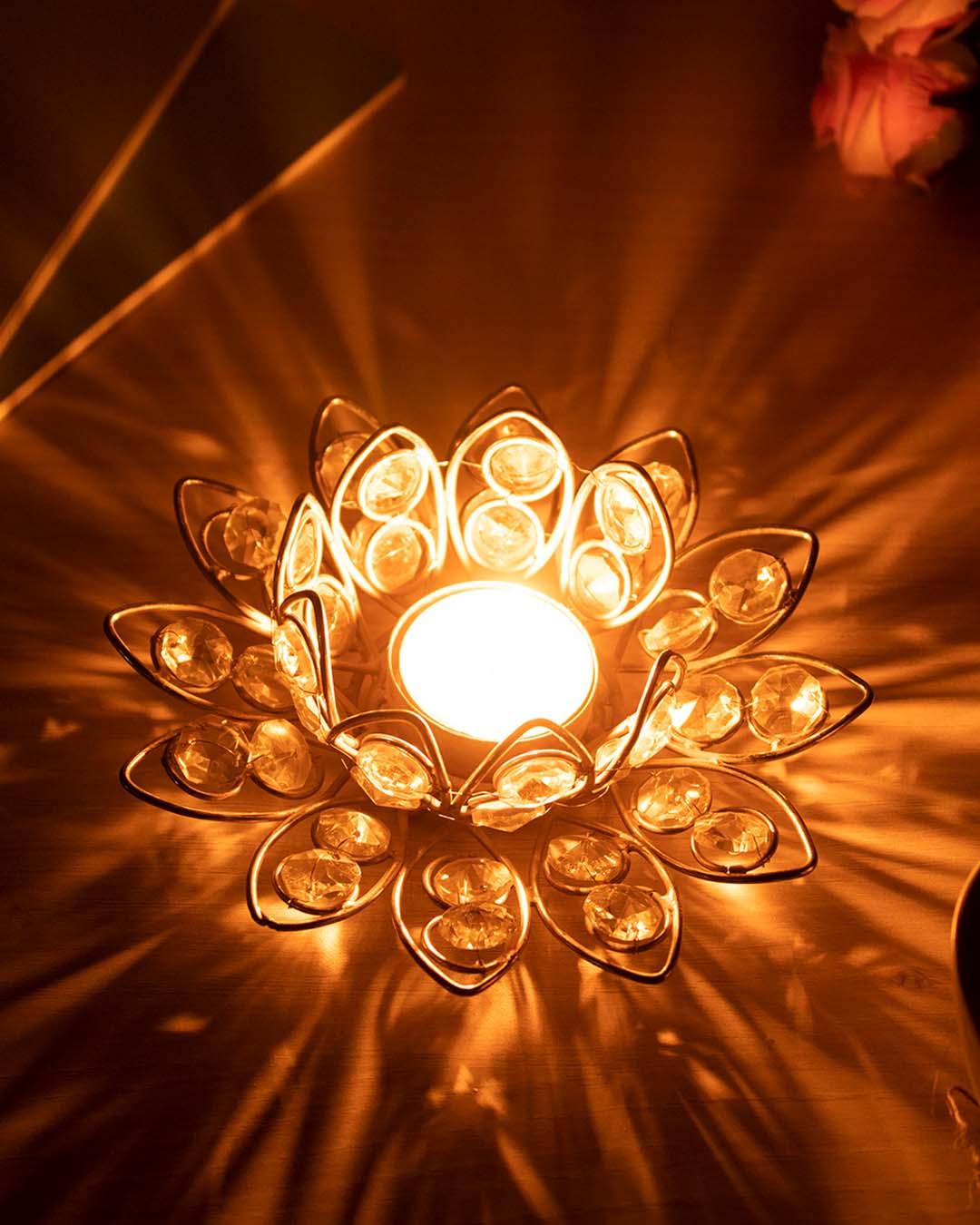 Lighting Pearl Lotus T-Light Candle Holder, Diwali Decor, Golden Colour, Iron - MARKET 99
