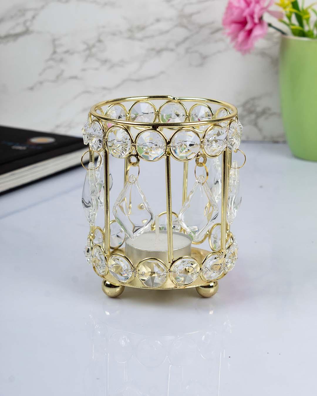 Lighting Silver Crystal Cylindrical Votive Candle Holder, Golden, Iron - MARKET 99