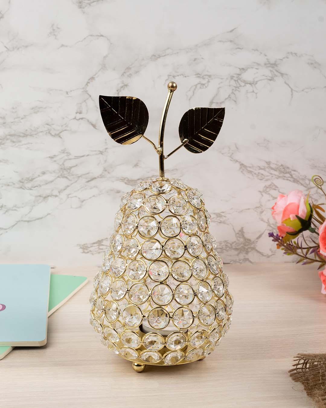 Lighting Silver Crystal Pear T-Light Candle Holder, Diwali Special, Golden, Iron - MARKET 99