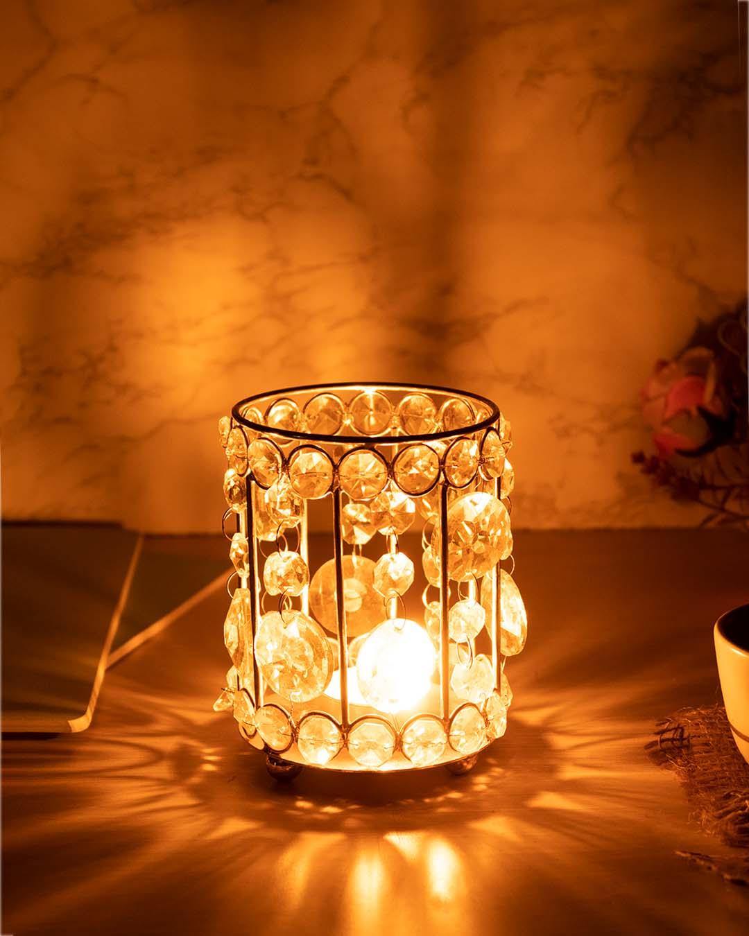 Lighting Silver Crystal Votive Candle Holder, T-Light Holder, Diwali Special, Golden Colour, Iron - MARKET 99