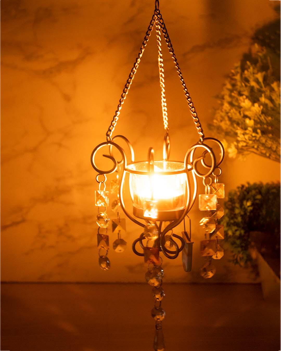 Lighting Wall Hanging Candle T-Light Holder, Diwali Collection, Yellow, Iron - MARKET 99