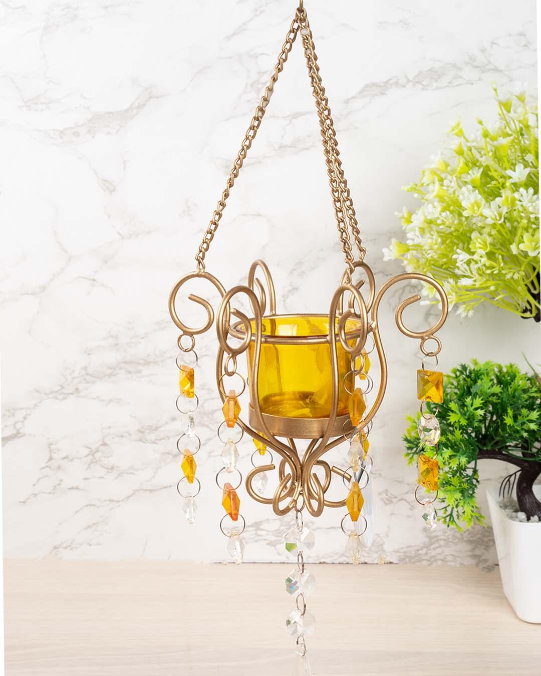 Lighting Wall Hanging Candle T-Light Holder, Diwali Collection, Yellow, Iron - MARKET 99