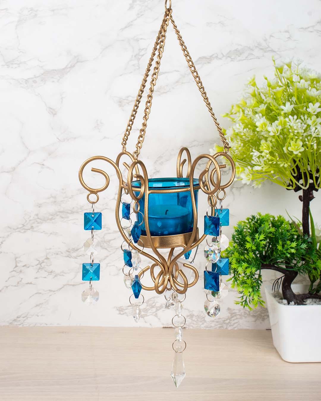 Lighting Wall Hanging Crystal T-Light Holder, Diwali Collection, Blue, Iron - MARKET 99