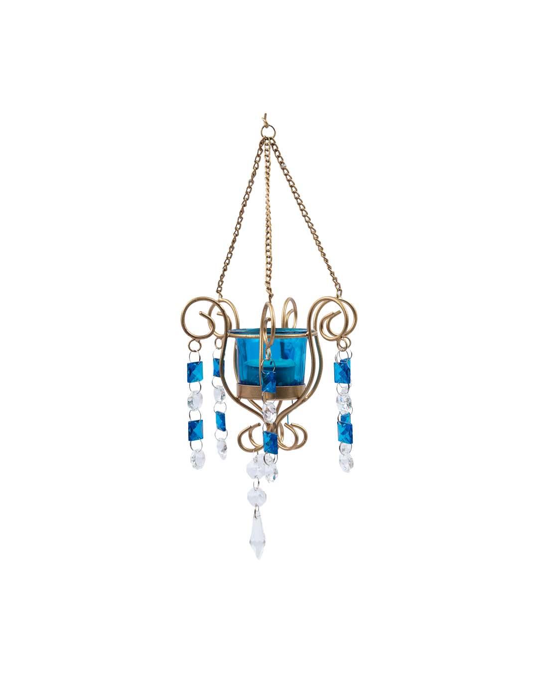 Lighting Wall Hanging Crystal T-Light Holder, Diwali Collection, Blue, Iron - MARKET 99