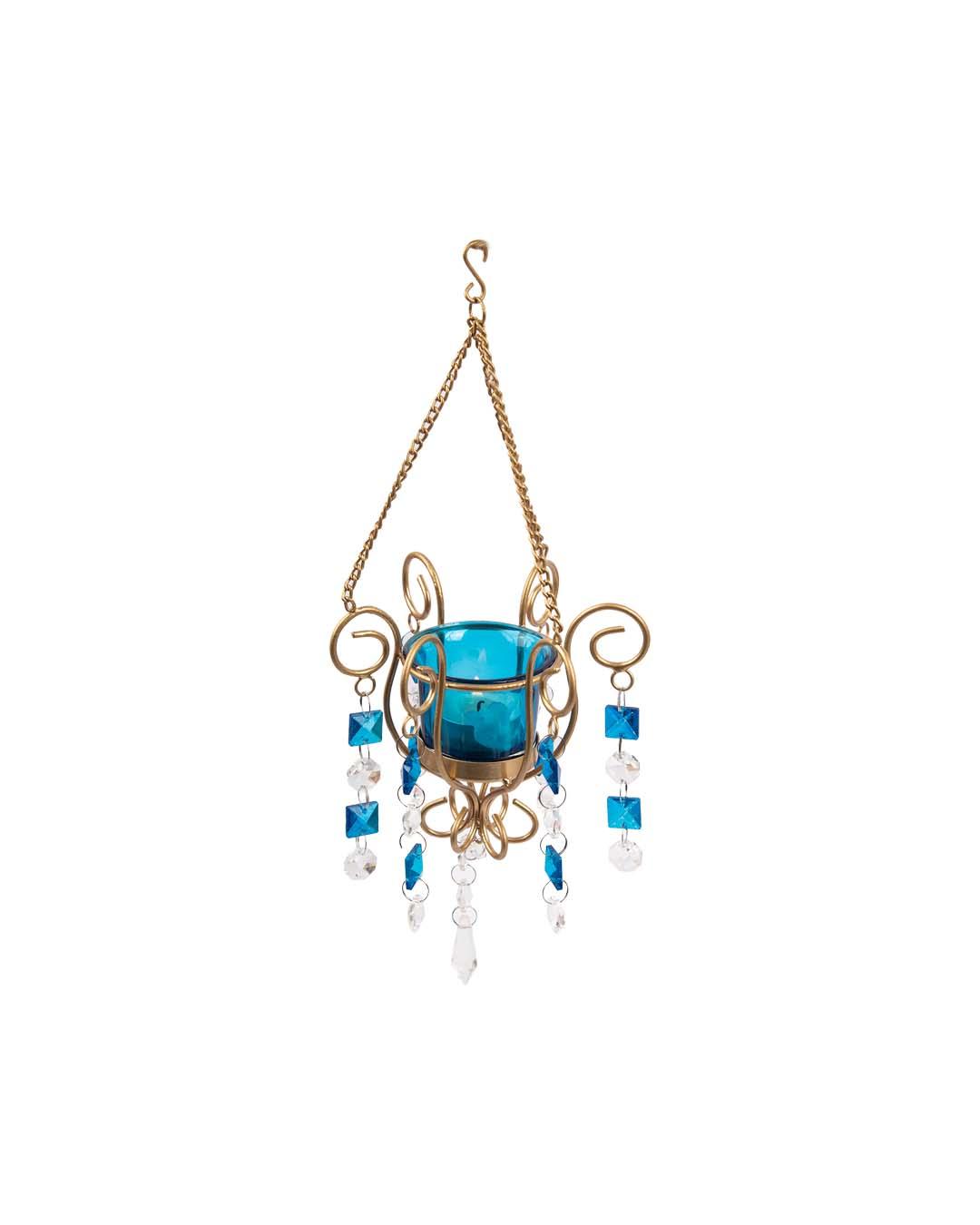 Lighting Wall Hanging Crystal T-Light Holder, Diwali Collection, Blue, Iron - MARKET 99