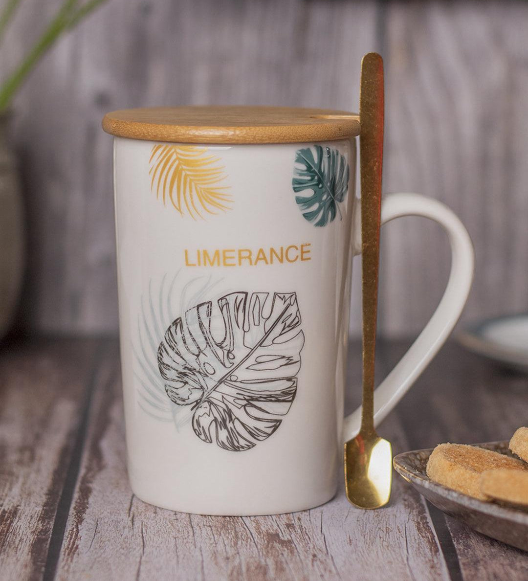 LIMERANCE' Coffee Mug With Wooden Lid and Spoon - White, 450mL - MARKET 99
