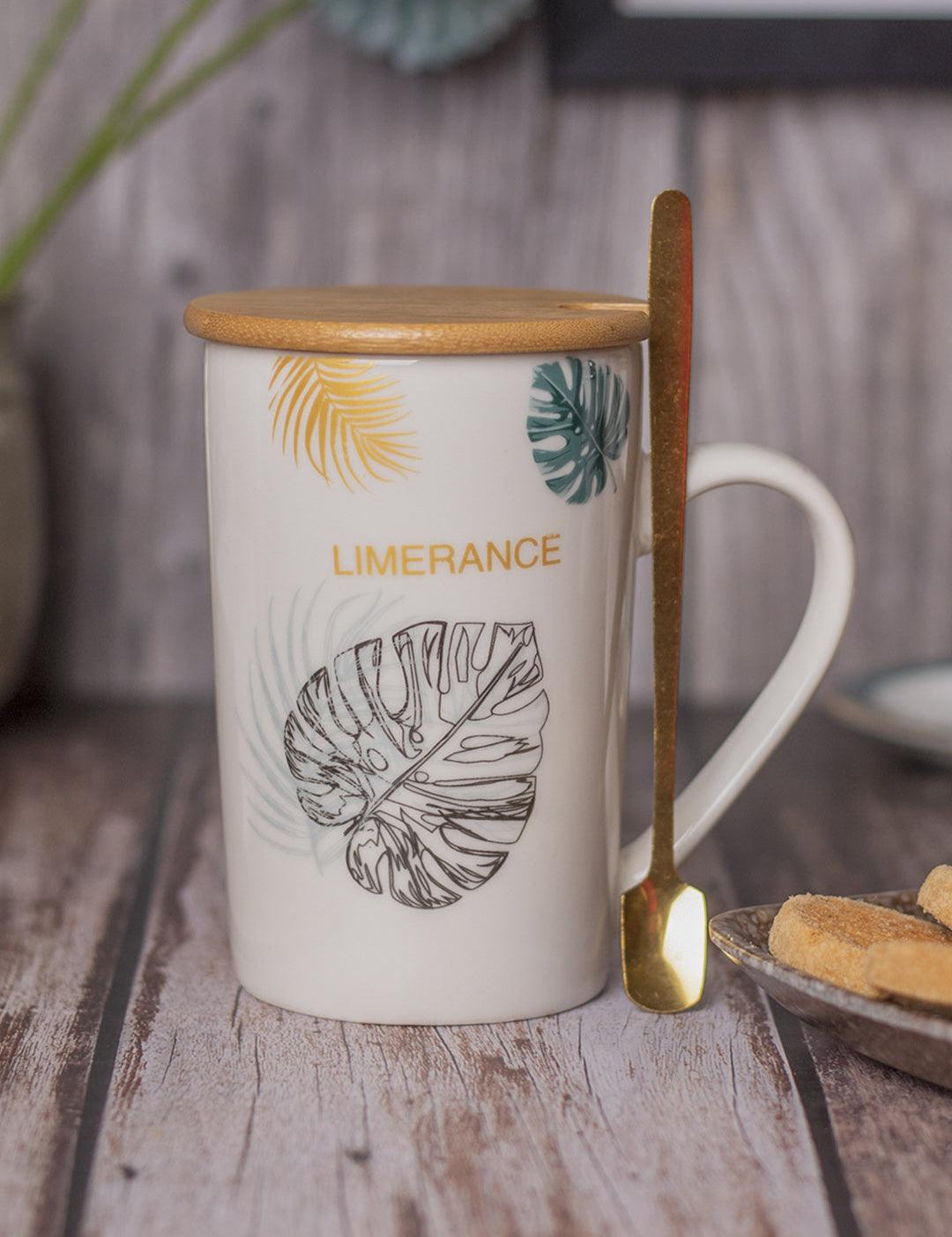 LIMERANCE' Coffee Mug With Wooden Lid and Spoon - White, 450mL - MARKET 99