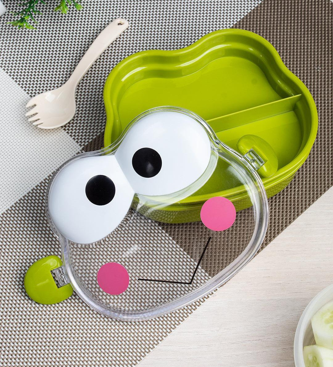Lunch Box for Kids With Spoon, Frog Design, Green, Plastic - MARKET 99