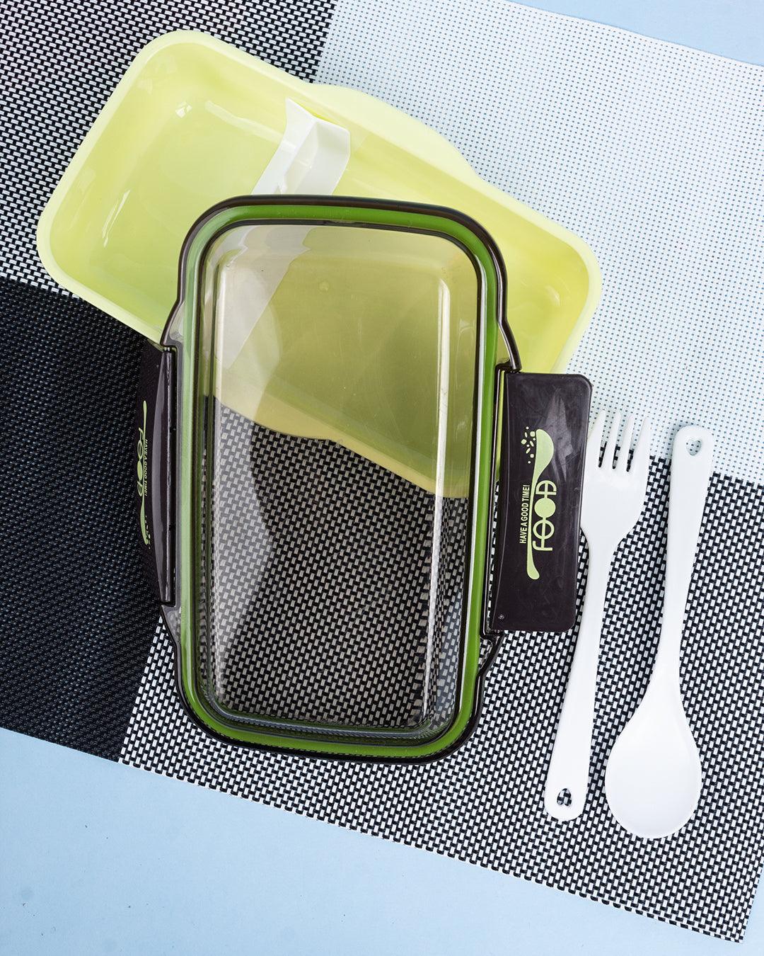 Lunch Box with Lid, Spoon & Fork, Green, Plastic - MARKET 99