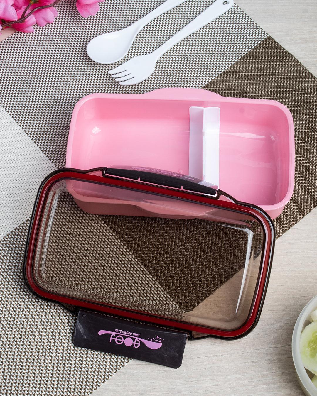 Lunch Box with Lid, Spoon & Fork, Pink, Plastic - MARKET 99