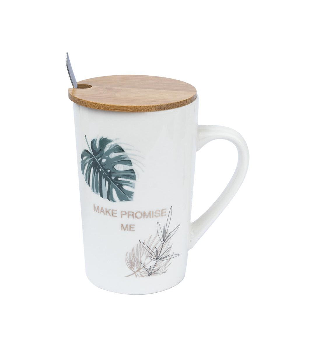 MAKE PROMISE ME' Coffee Mug With Wooden Lid and Spoon - White, 450mL