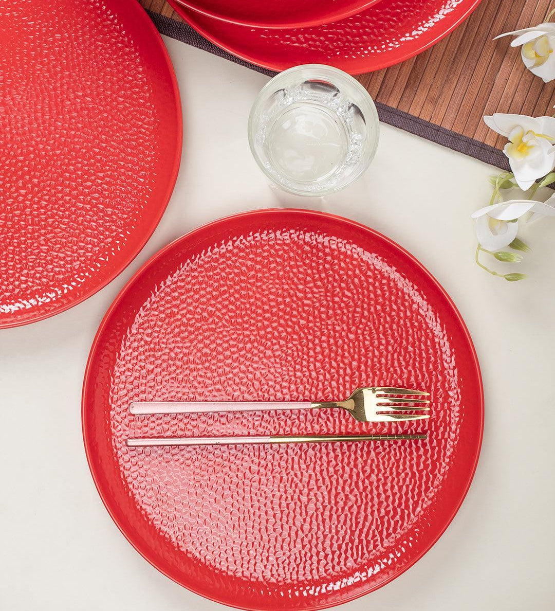 Market 99 Hammered Melamine Tableware Red Glossy Finish Full Plates for Dining Table (Set Of 6, Red) - MARKET 99