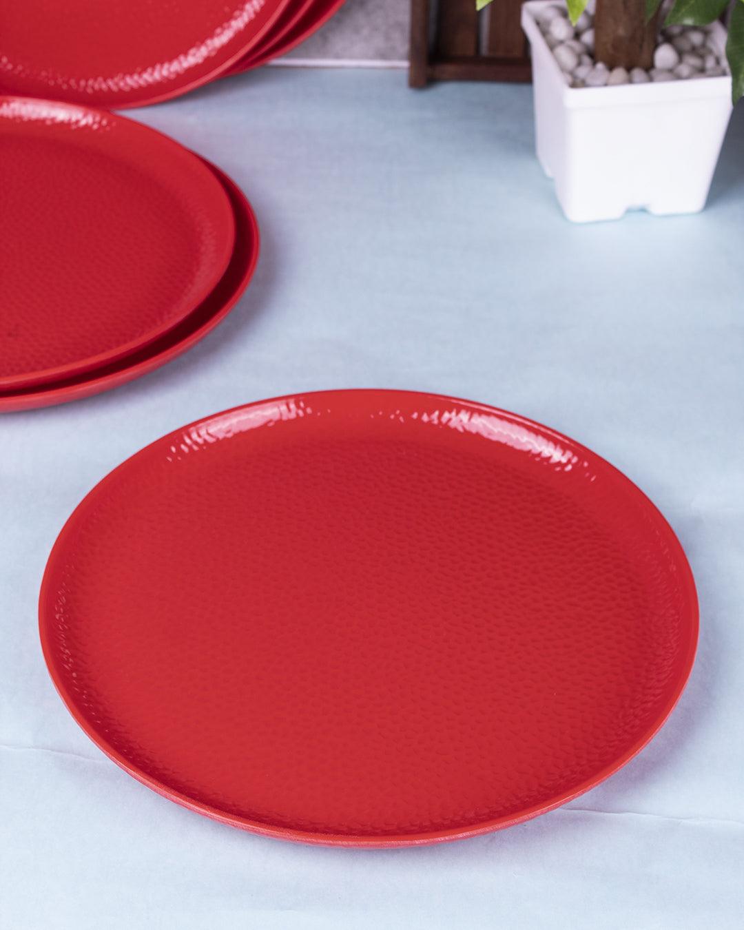 Market 99 Hammered Melamine Tableware Red Glossy Finish Full Plates for Dining Table (Set Of 6, Red) - MARKET 99