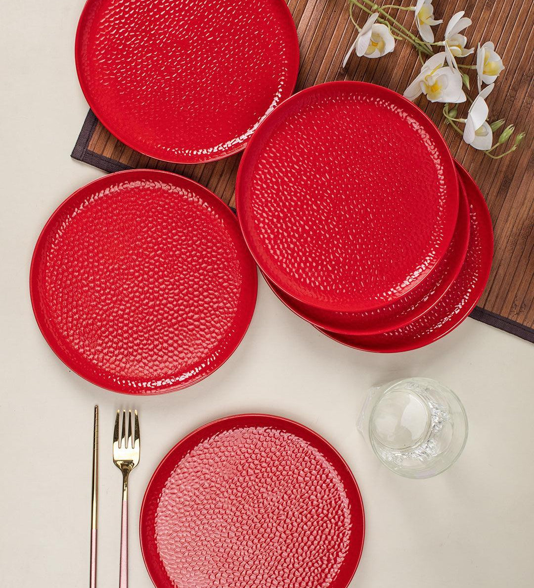 Market 99 Hammered Melamine Tableware Red Glossy Finish Quarter Plates for Dining Table (Set Of 6, Red) - MARKET 99