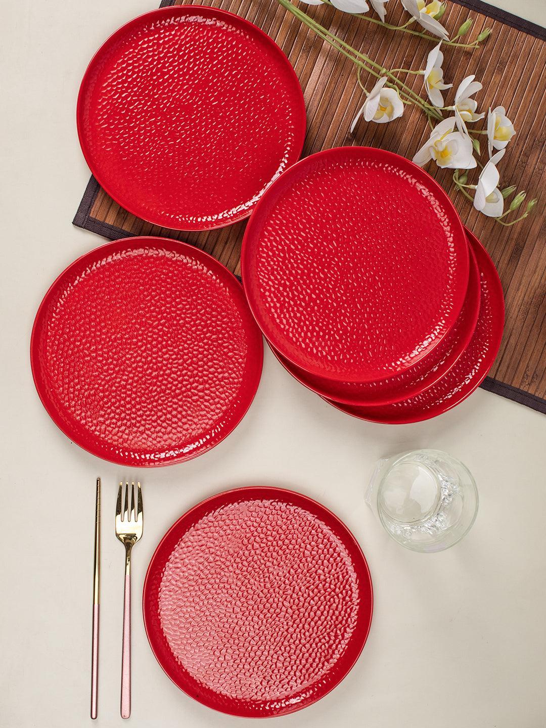 Market 99 Hammered Melamine Tableware Red Glossy Finish Quarter Plates for Dining Table (Set Of 6, Red) - MARKET 99