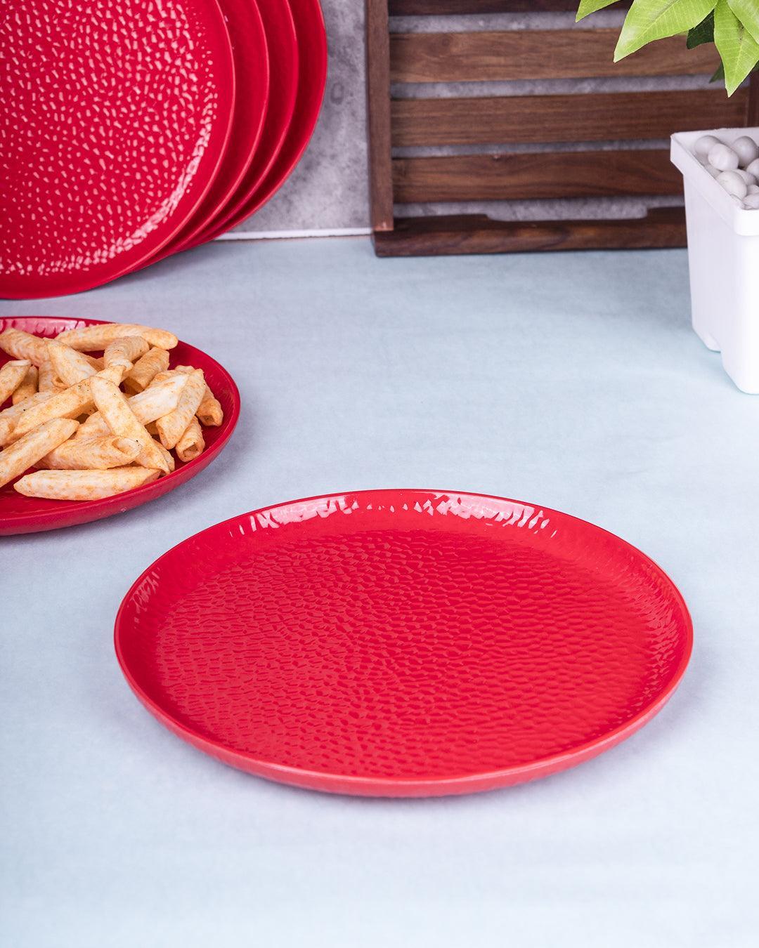 Market 99 Hammered Melamine Tableware Red Glossy Finish Quarter Plates for Dining Table (Set Of 6, Red) - MARKET 99