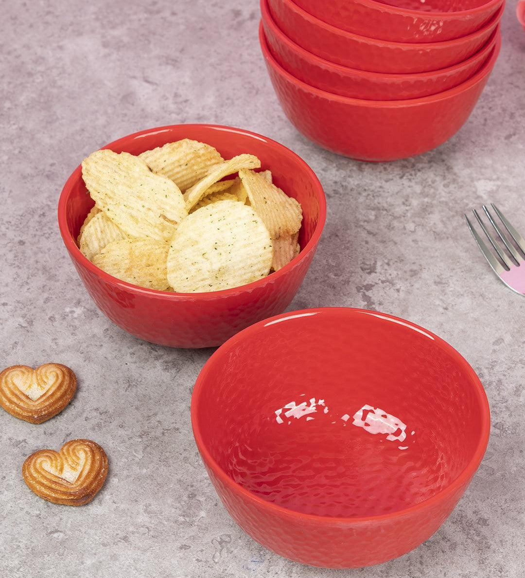 Market 99 Hammered Melamine Tableware Red Glossy Finish Soup Bowls for Dining Table (Set Of 6, 300 mL ) - MARKET 99