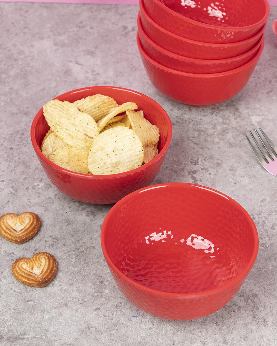 Market 99 Hammered Melamine Tableware Red Glossy Finish Soup Bowls for Dining Table (Set Of 6, 300 mL ) - MARKET 99