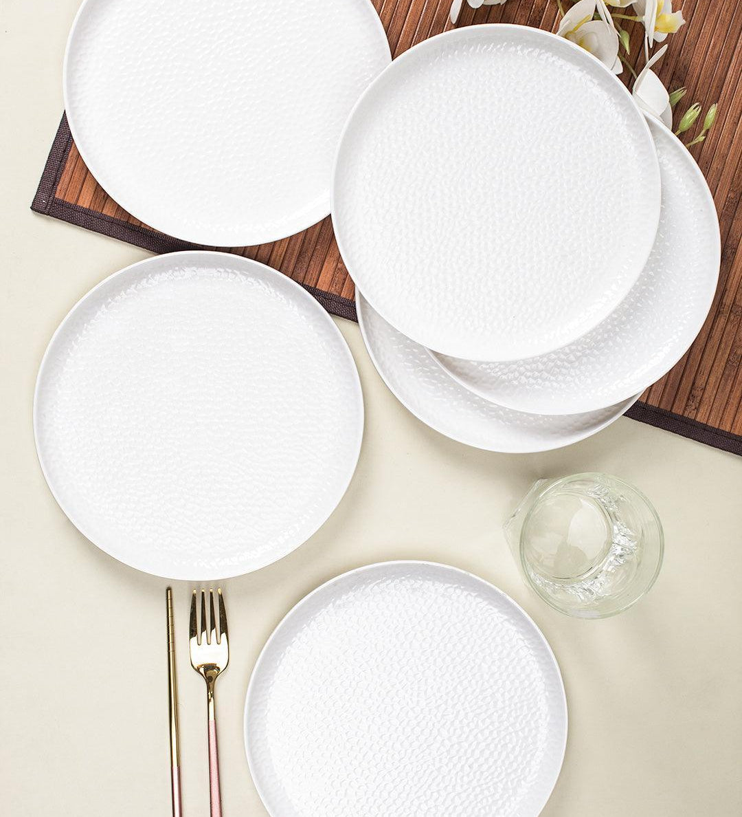 Market 99 Hammered Melamine Tableware White Glossy Finish Full Plates for Dining Table (Set Of 6, White) - MARKET 99