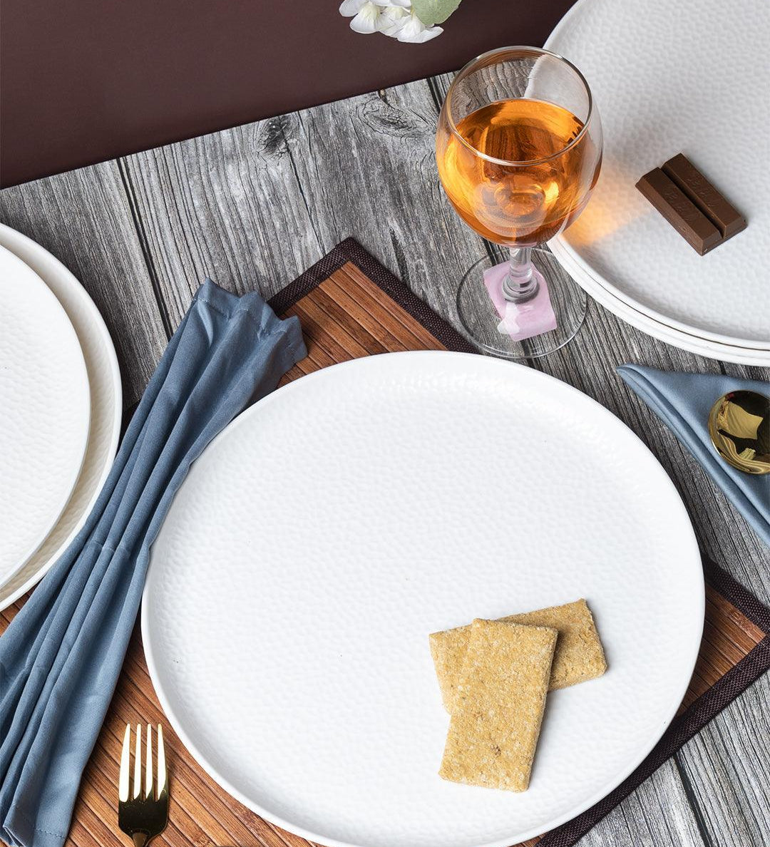 Market 99 Hammered Melamine Tableware White Glossy Finish Full Plates for Dining Table (Set Of 6, White) - MARKET 99