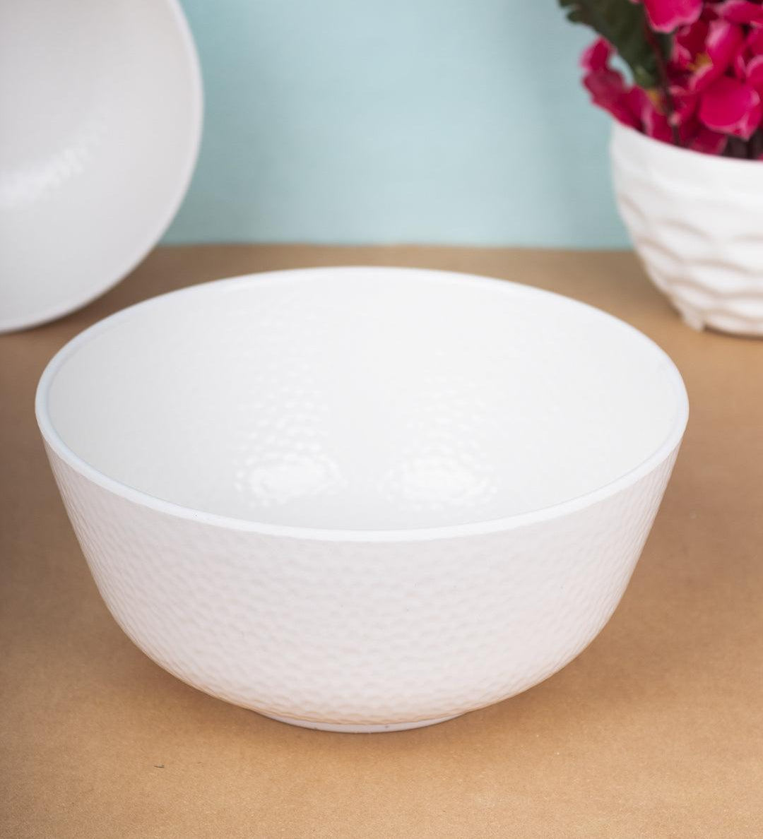 Market 99 Hammered Melamine Tableware White Glossy Finish Serving Bowls for Dining Table (Set Of 2, 1300 mL ) - MARKET 99