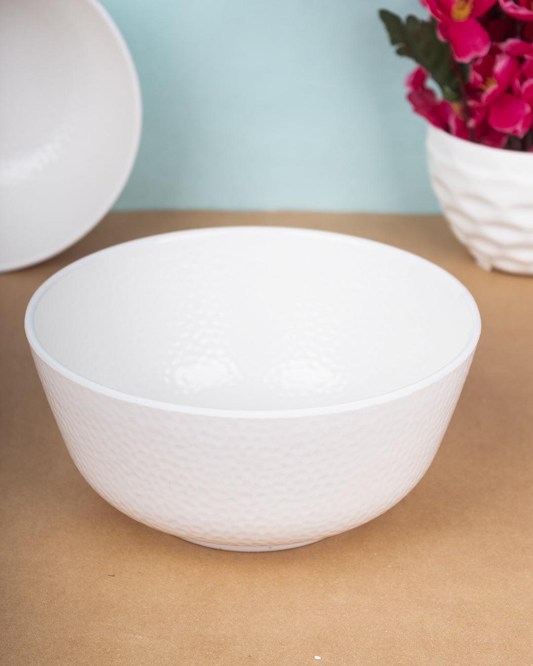 Market 99 Hammered Melamine Tableware White Glossy Finish Serving Bowls for Dining Table (Set Of 2, 1300 mL ) - MARKET 99