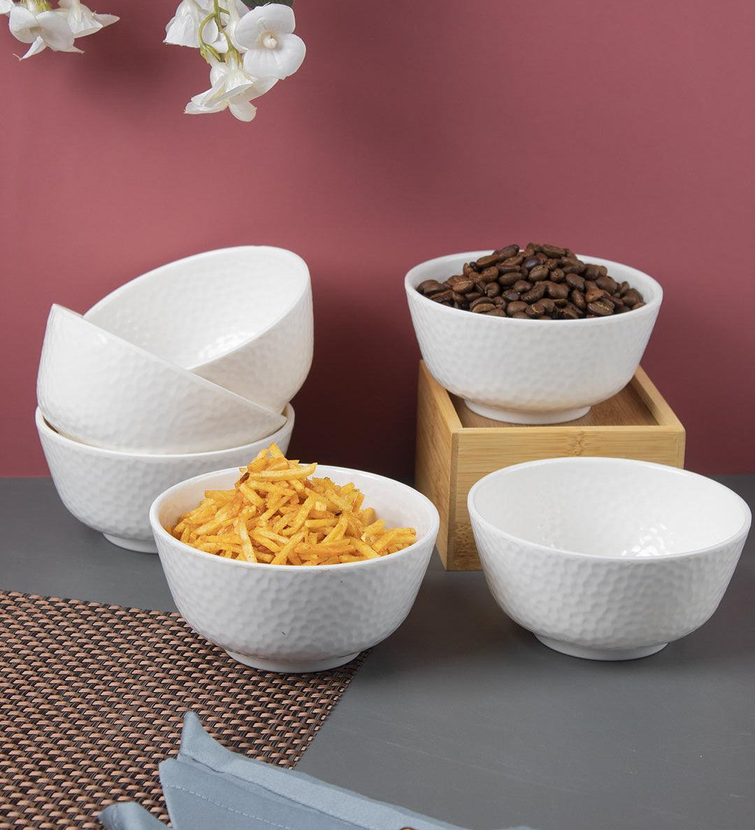 Market 99 Hammered Melamine Tableware White Glossy Finish Soup Bowls for Dining Table (Set Of 6, 300 mL ) - MARKET 99