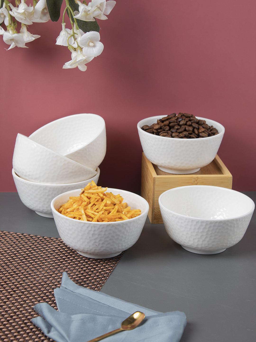 Market 99 Hammered Melamine Tableware White Glossy Finish Soup Bowls for Dining Table (Set Of 6, 300 mL ) - MARKET 99