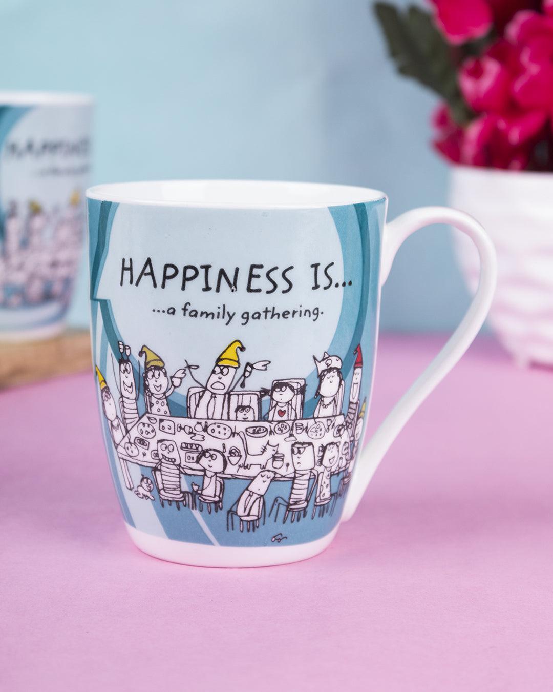 Market 99 - 'HAPPINESS IS … a family gathering' Graphic Print Ceramic Tea, Milk & Coffee Mugs (Set of 2, 340 mL) - MARKET 99