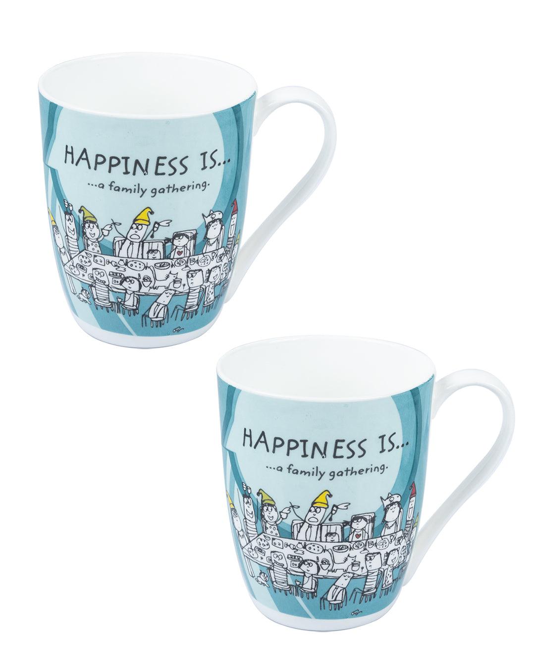 Market 99 - 'HAPPINESS IS … a family gathering' Graphic Print Ceramic Tea, Milk & Coffee Mugs (Set of 2, 340 mL) - MARKET 99