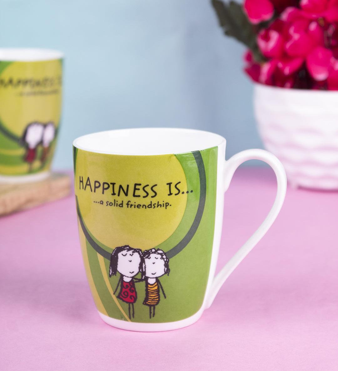 Market 99 - 'HAPPINESS IS … a soild friendship' Graphic Print Ceramic Tea, Milk & Coffee Mugs (Set of 2, 340 mL) - MARKET 99