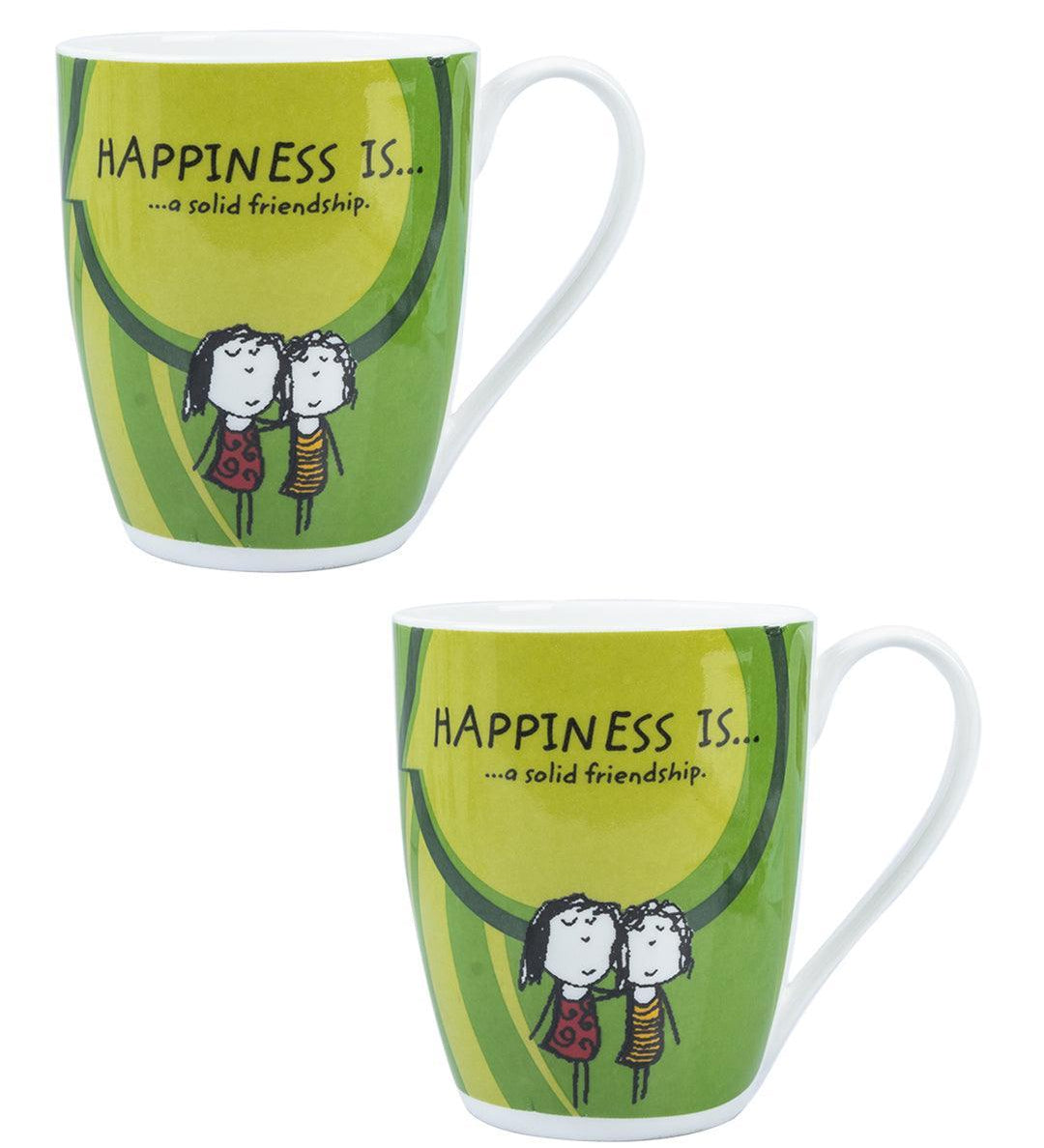 Market 99 - 'HAPPINESS IS … a soild friendship' Graphic Print Ceramic Tea, Milk & Coffee Mugs (Set of 2, 340  mL) - MARKET 99