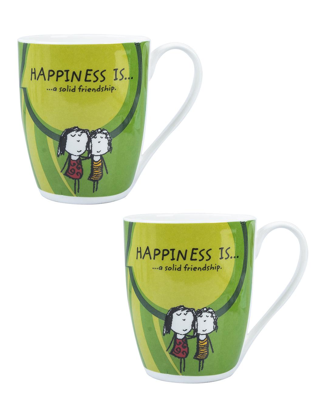 Market 99 - 'HAPPINESS IS … a soild friendship' Graphic Print Ceramic Tea, Milk & Coffee Mugs (Set of 2, 340  mL) - MARKET 99