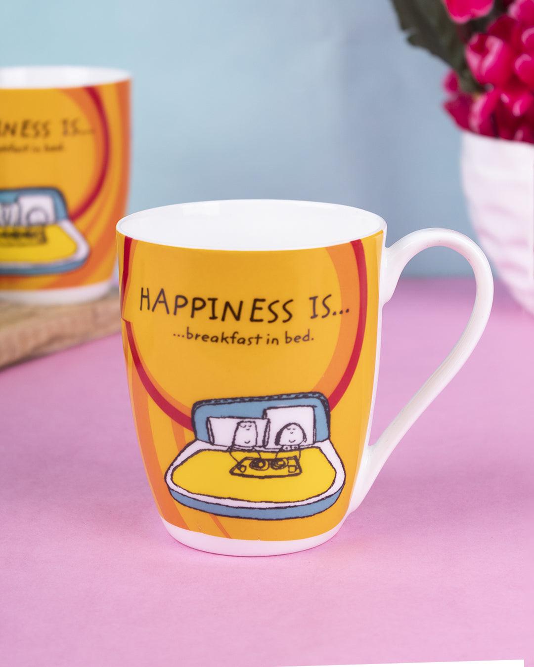 Market 99 - 'HAPPINESS IS … breakfast in bed' Graphic Print Ceramic Tea, Milk & Coffee Mugs (Set of 2, 340 mL) - MARKET 99
