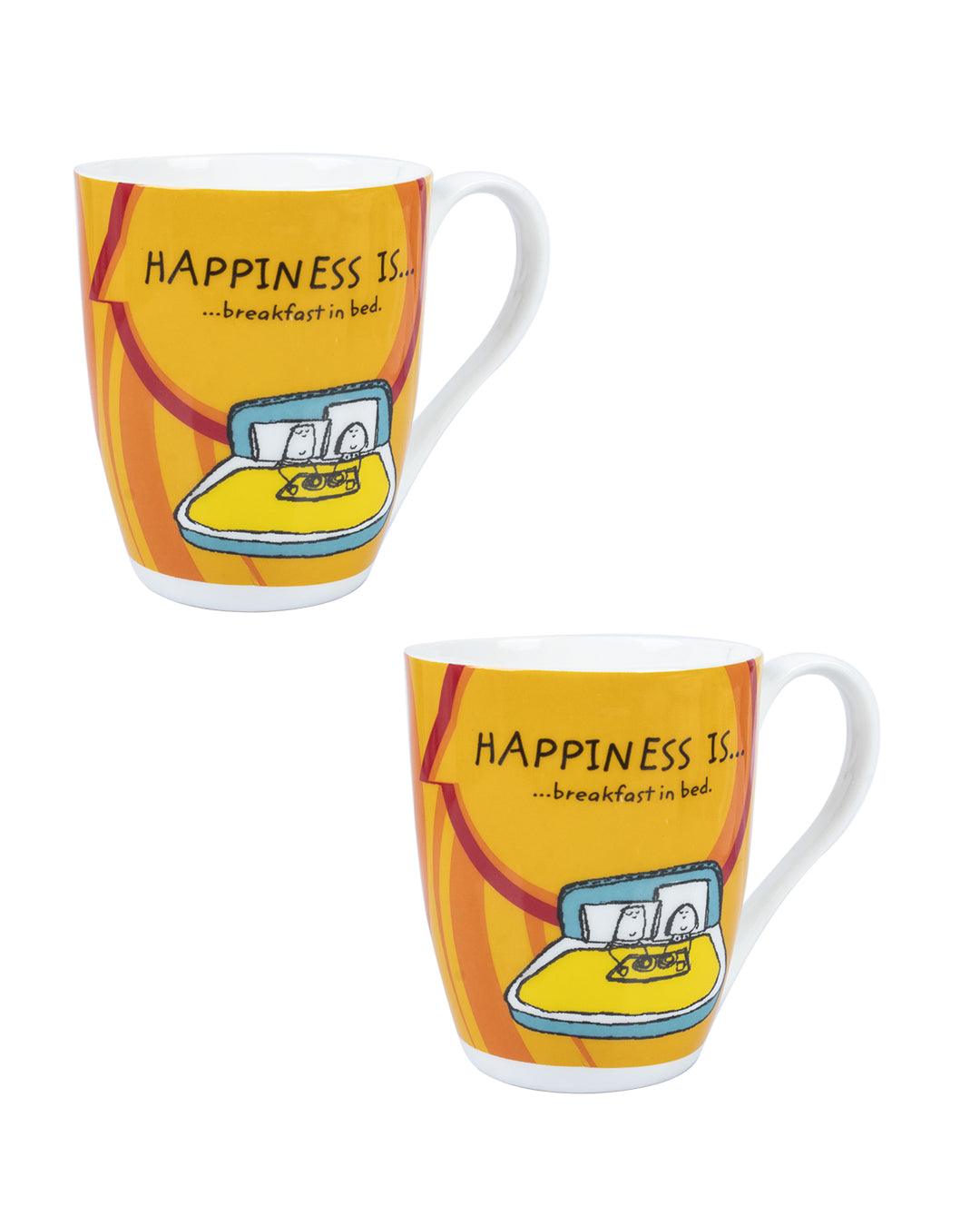 Market 99 - 'HAPPINESS IS … breakfast in bed' Graphic Print Ceramic Tea, Milk & Coffee Mugs (Set of 2, 340 mL) - MARKET 99