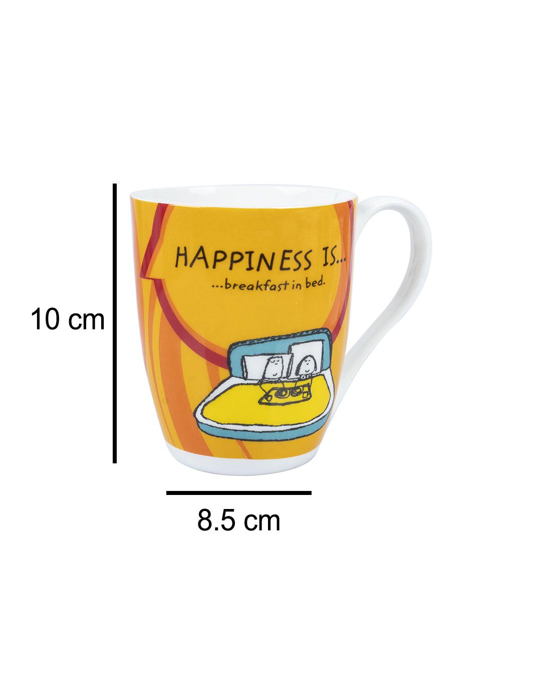 Market 99 - 'HAPPINESS IS … breakfast in bed' Graphic Print Ceramic Tea, Milk & Coffee Mugs (Set of 2, 340 mL) - MARKET 99