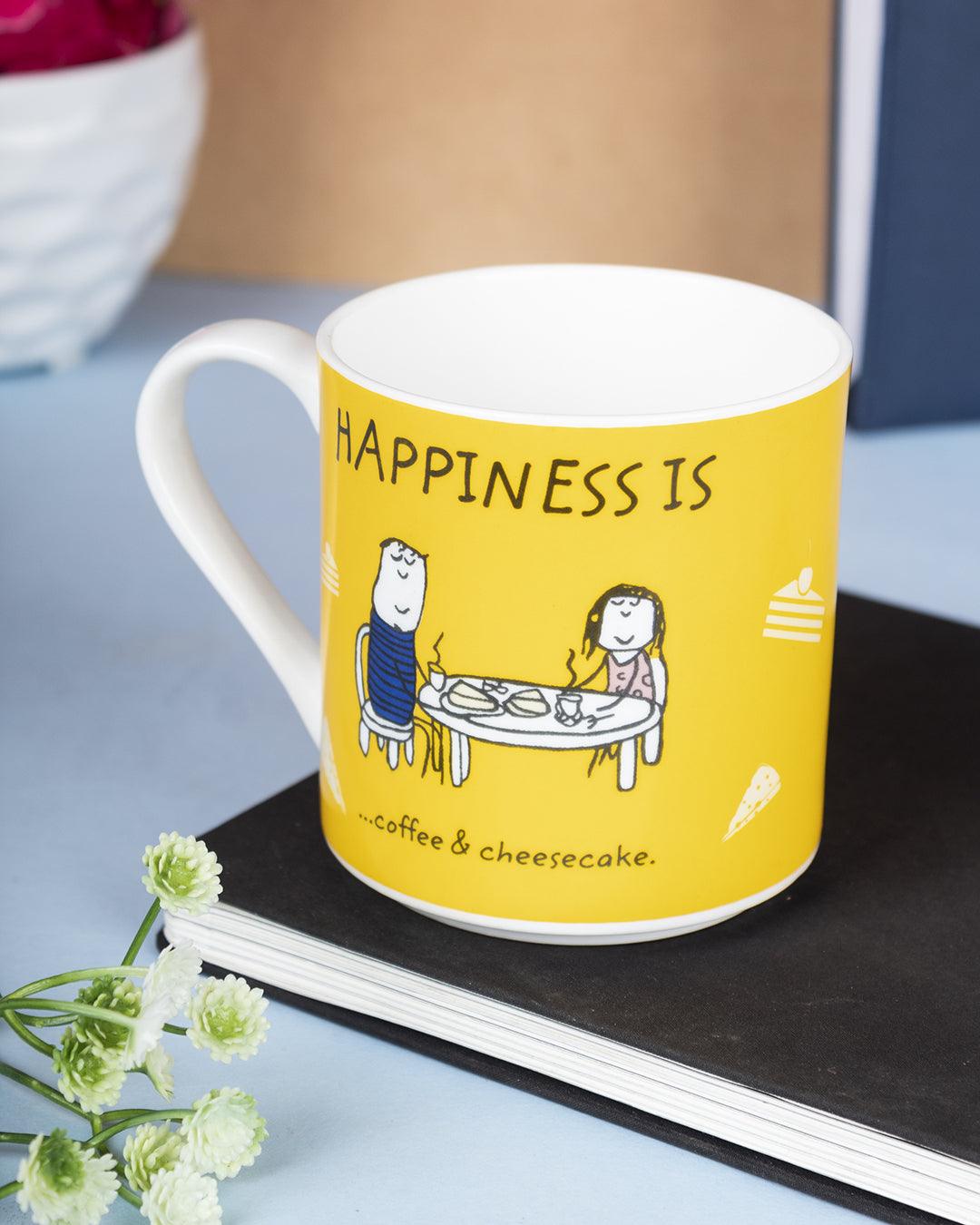 Market 99 - 'HAPPINESS IS … coffee & cheesecake' Graphic Print Serving Tea, Milk & Coffee Mugs In Ceramic (Set of 2, 340 mL) - MARKET 99