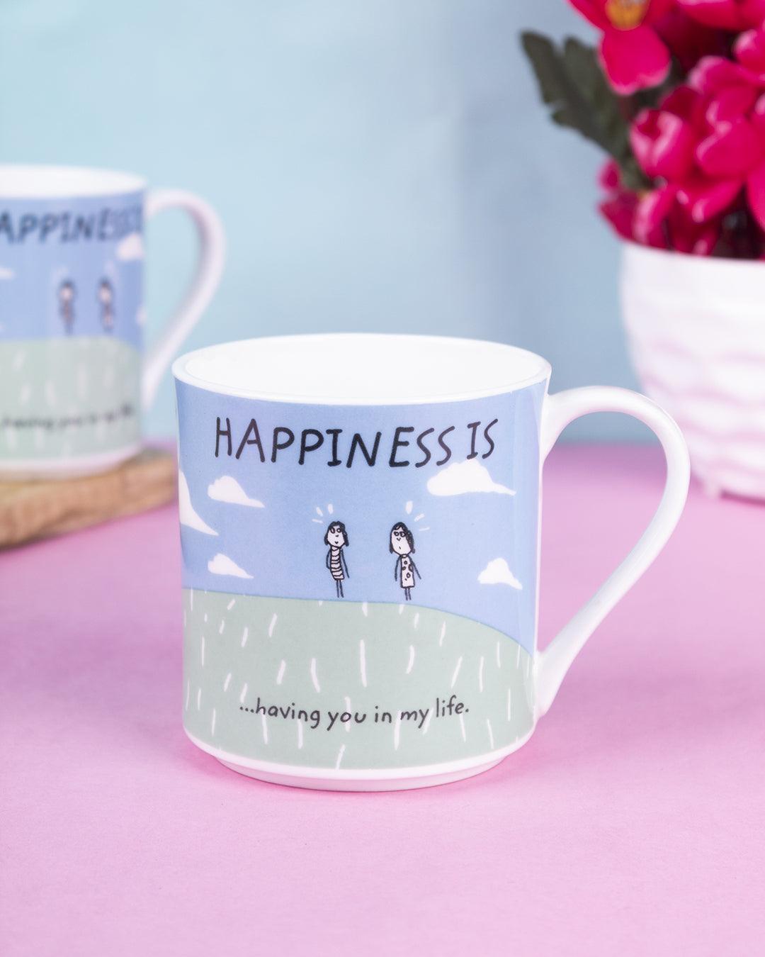 Market 99 - 'HAPPINESS IS … having you in life' Graphic Print Serving Tea, Milk & Coffee Mugs In Ceramic (Set of 2, 340 mL) - MARKET 99