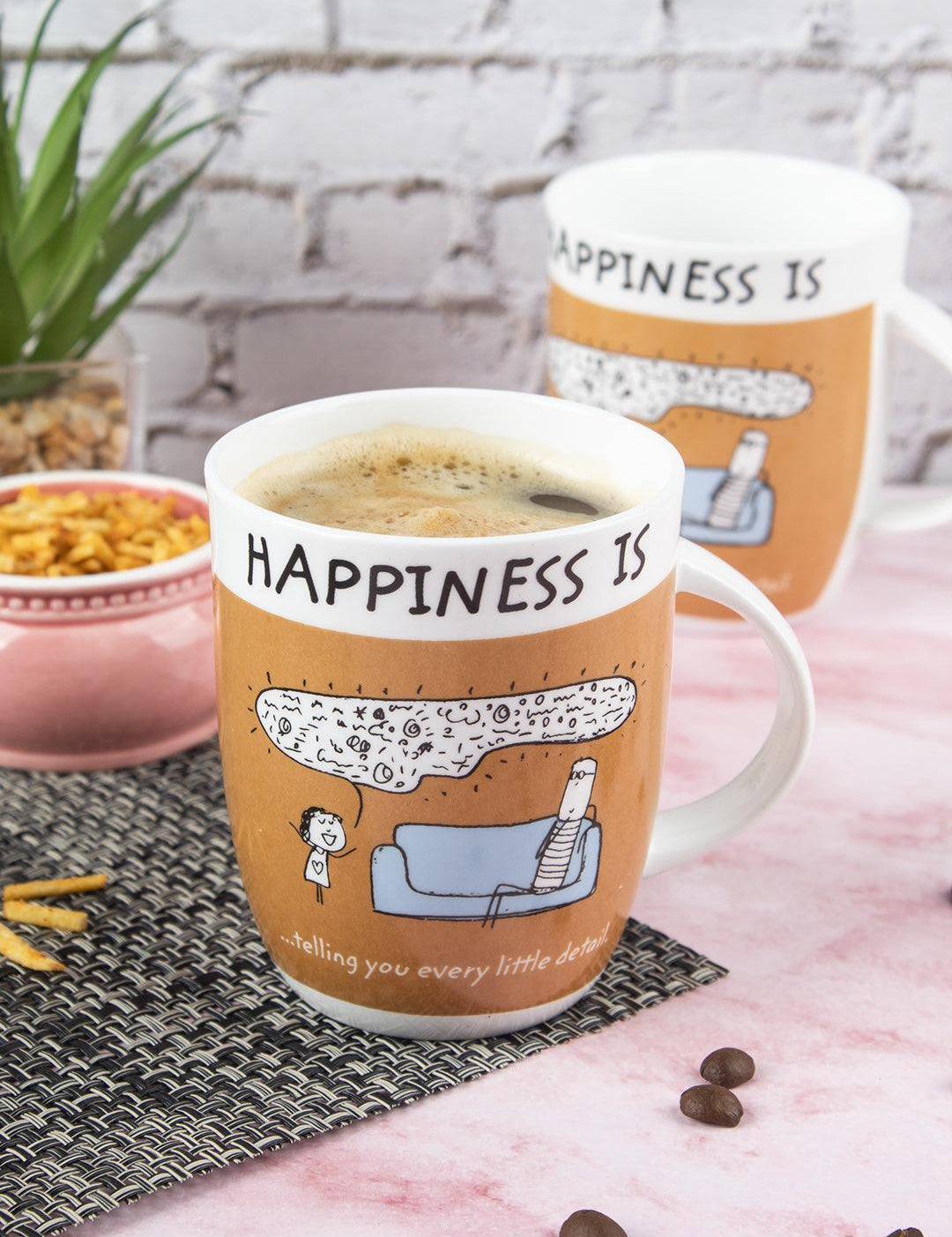 Market 99 - 'HAPPINESS IS … telling you every little detail' Graphic Print Serving Tea, Milk & Coffee Mugs In Ceramic (Set of 2, 340 mL) - MARKET 99