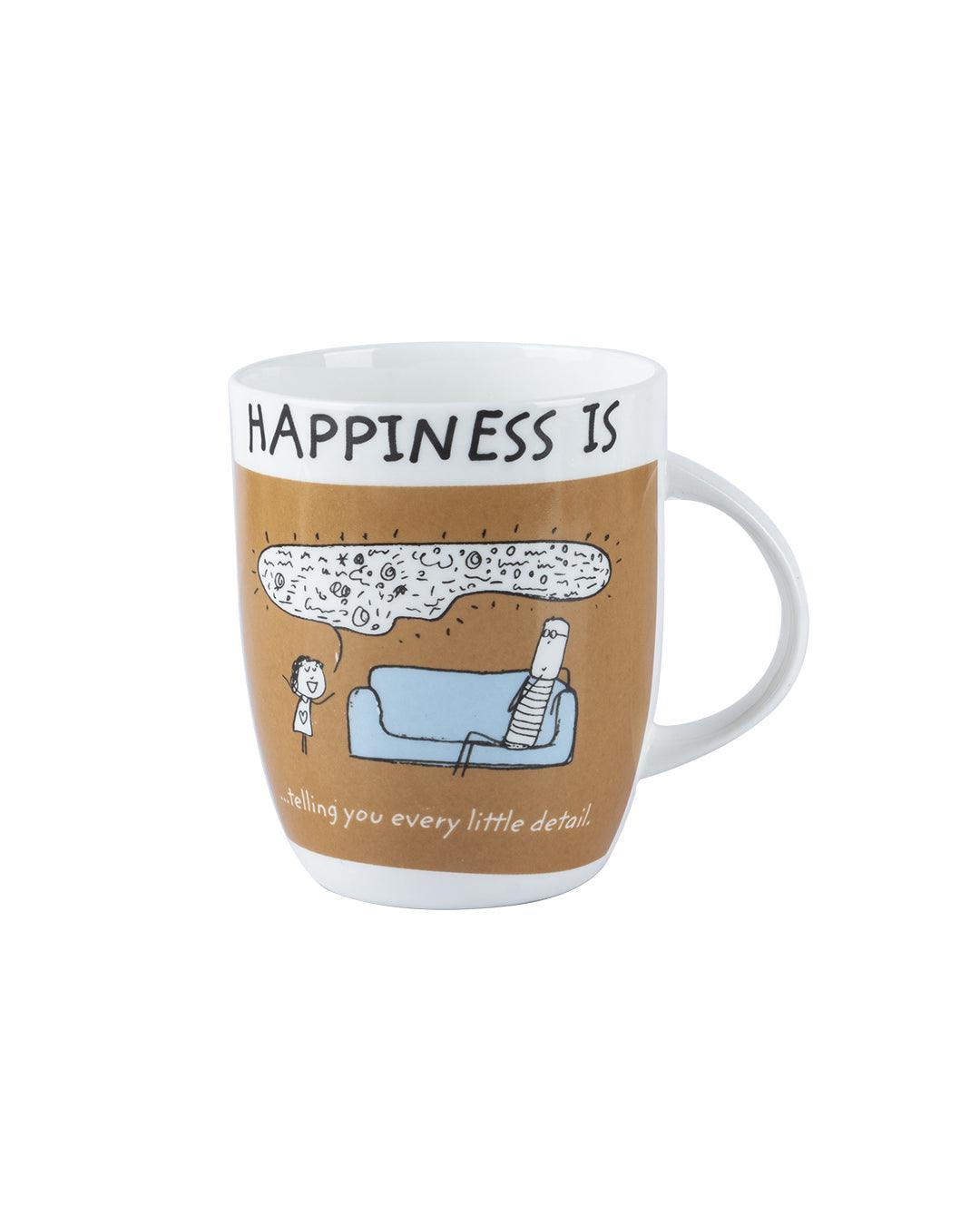 Market 99 - 'HAPPINESS IS … telling you every little detail' Graphic Print Serving Tea, Milk & Coffee Mugs In Ceramic (Set of 2, 340 mL) - MARKET 99