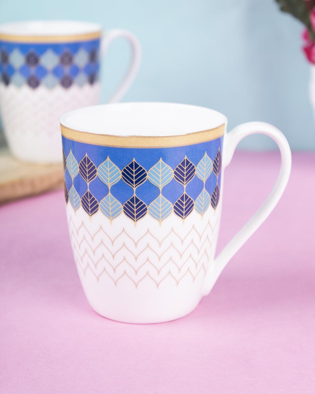 Market 99 - India Circus Drinkware Glossy Ceramic Coffee Mugs ( White & Blue, Set Of 2, 330 mL) - MARKET 99