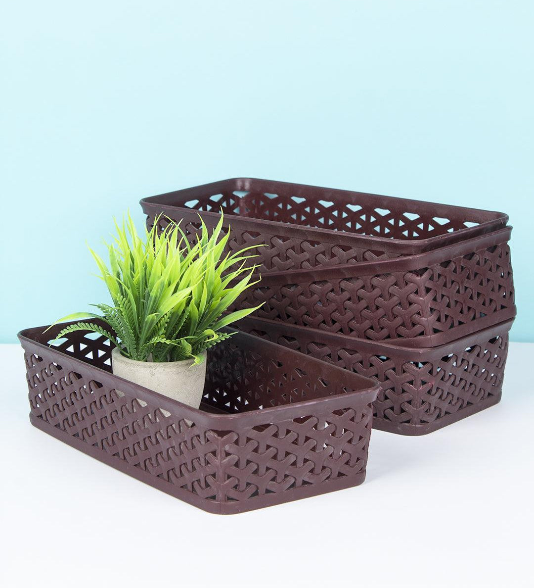 Market 99 Medium Plastic Multipurpose Storage Basket ( Set Of 4, Solid Brown Colour) - MARKET 99