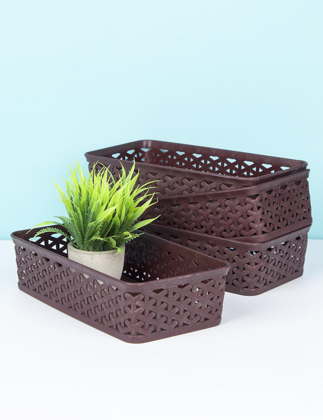 Market 99 Medium Plastic Multipurpose Storage Basket ( Set Of 4, Solid Brown Colour) - MARKET 99