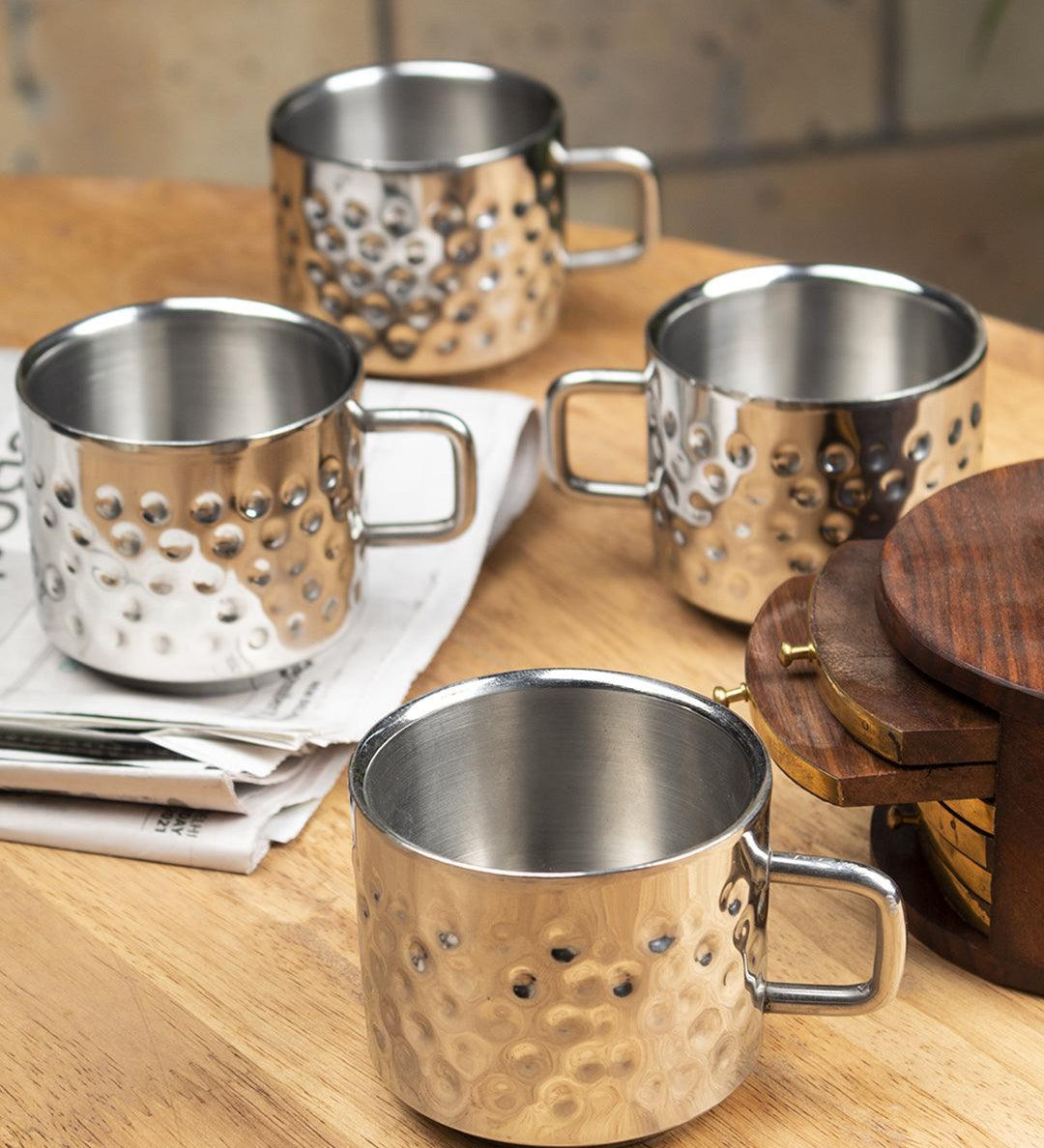Market 99 Stainless Steel Hammered Tea & Coffee Mugs ( Set Of 4, 100mL, Silver Colour ) - MARKET 99