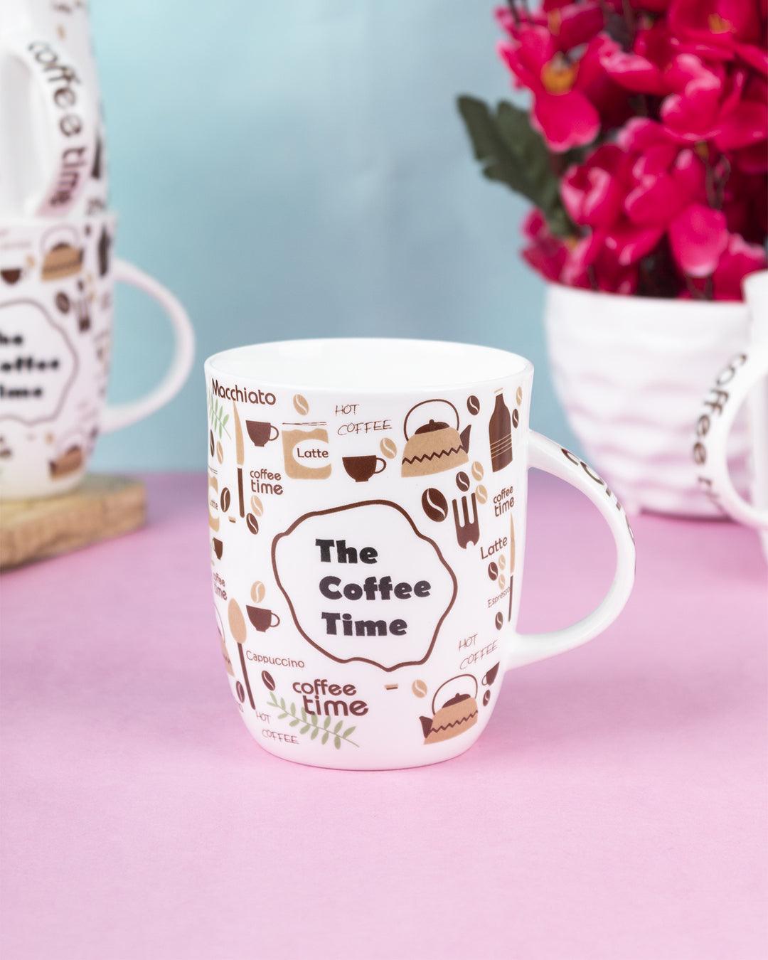 Market 99 - 'THE COFFEE TIME' Graphic Print Drinkware Glossy Ceramic Coffee Mugs ( Set Of 4, 300 mL) - MARKET 99