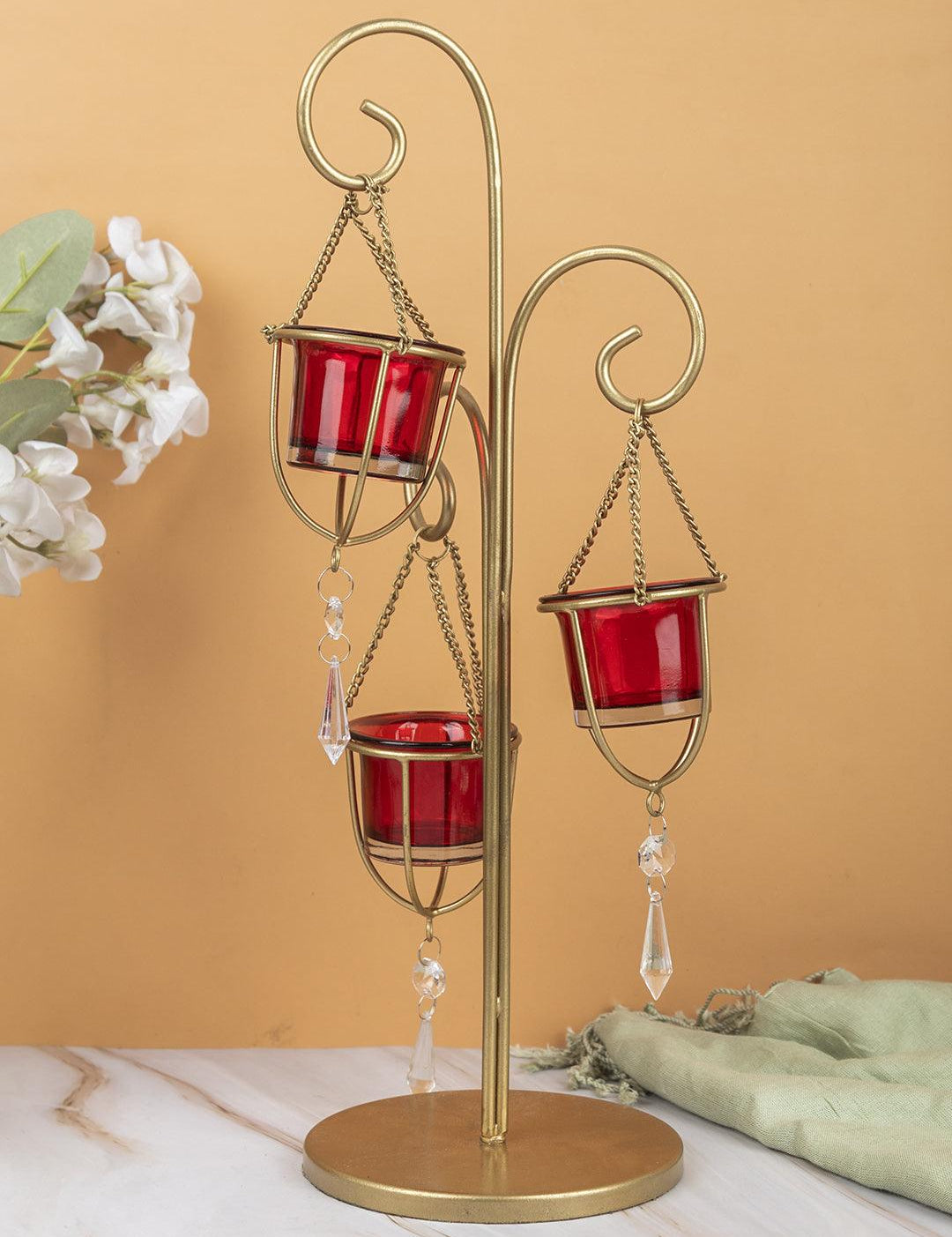 Market99 3 T-Light Candle Holder, Red Hanging Votive, Gold Finish, Mild Steel - MARKET 99