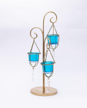 Market99 3 T-Light Candle Holder, Turquoise Hanging Votive, Gold Finish, Mild Steel - MARKET 99