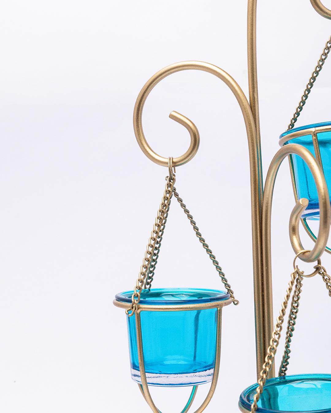 Market99 3 T-Light Candle Holder, Turquoise Hanging Votive, Gold Finish, Mild Steel - MARKET 99