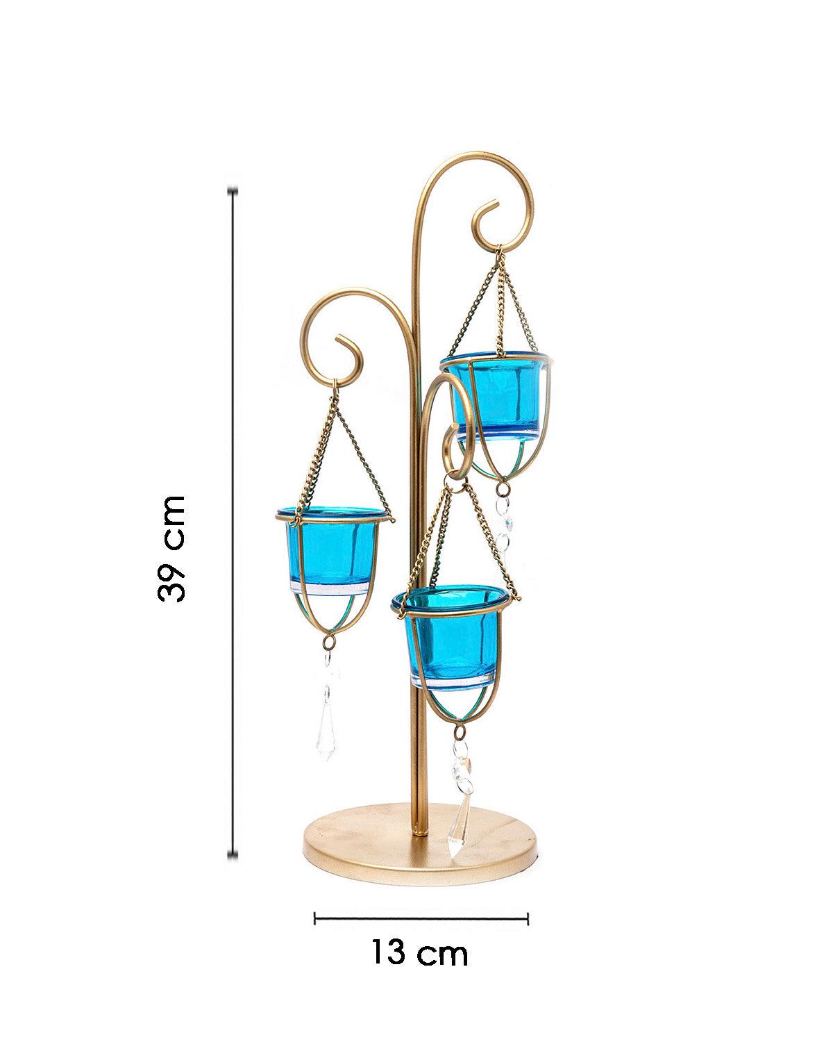 Market99 3 T-Light Candle Holder, Turquoise Hanging Votive, Gold Finish, Mild Steel - MARKET 99